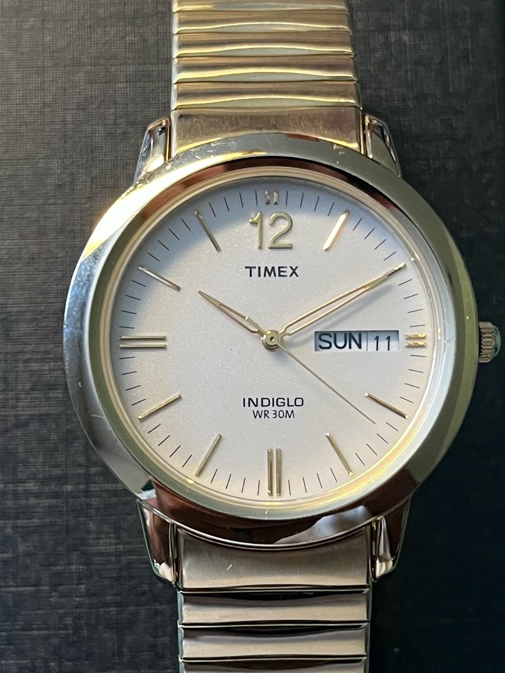 Timex Gold Tone Watch with White Dial and Day-Date